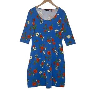 Lands End Colorful Blue Red/Orange Floral Dress Pockets Bright Preppy SZ M 10 12